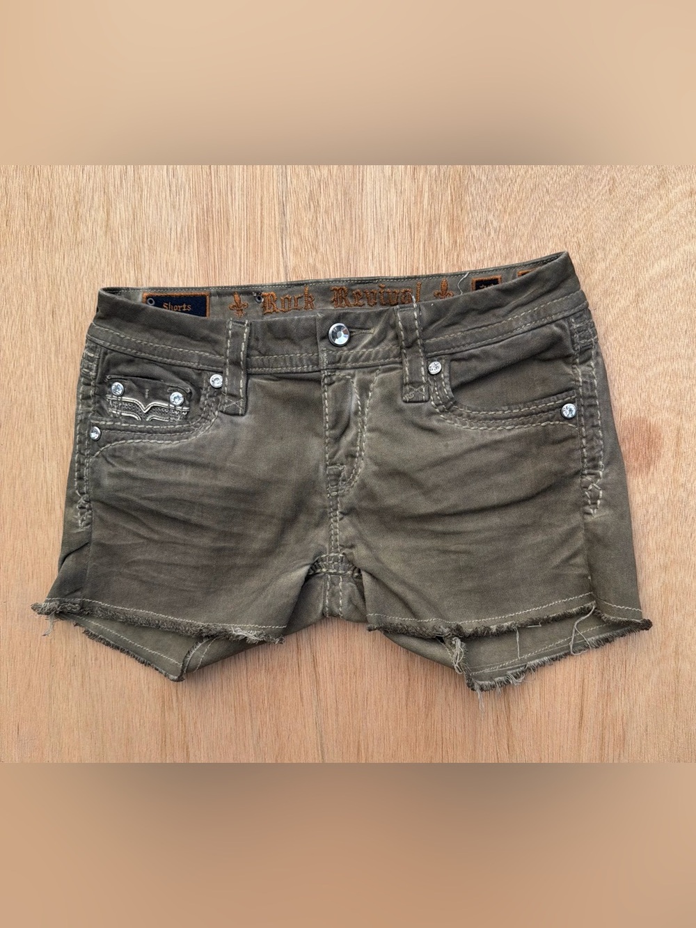 Rock Revival Olive Green Denim Cutoff Shorts EUC 26 Low Rise Frayed Hem